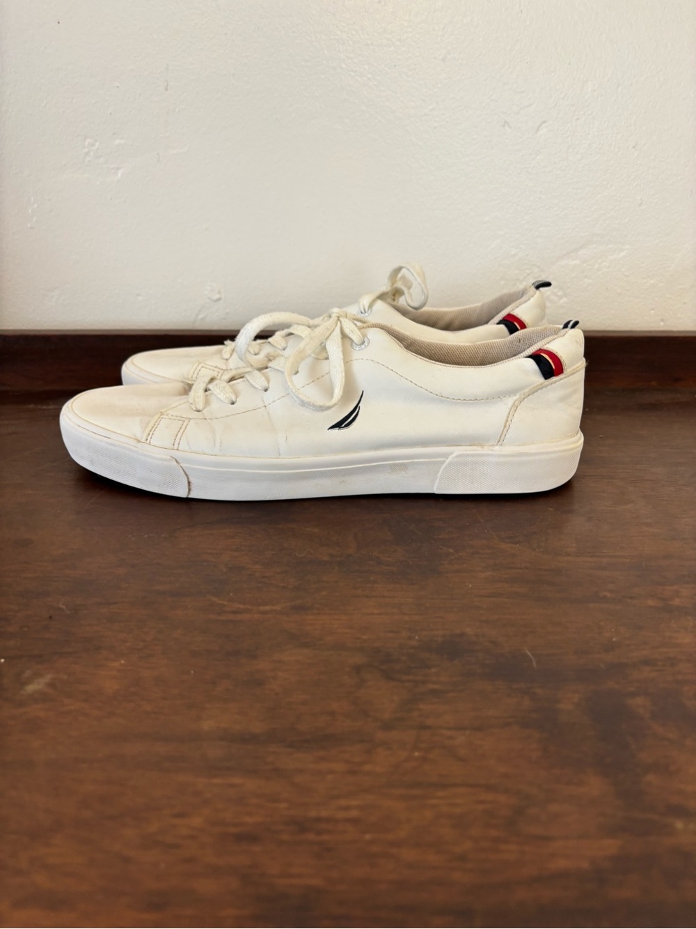 Nautica White Low-Top Sneakers with Red & Blue Heel Accent